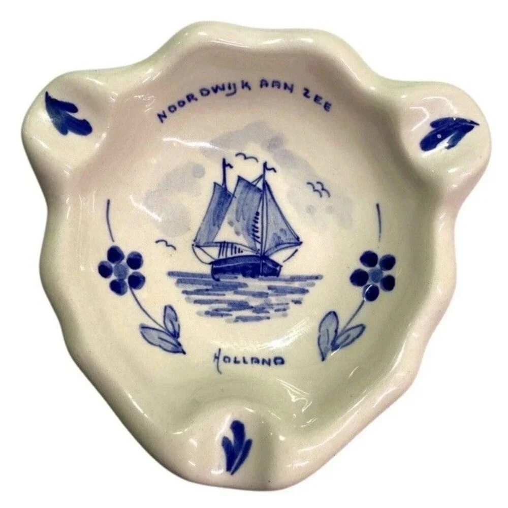 Vintage Royal Delft Ashtray Noordwijk aan Zee Holland Blue White Sailboat 5